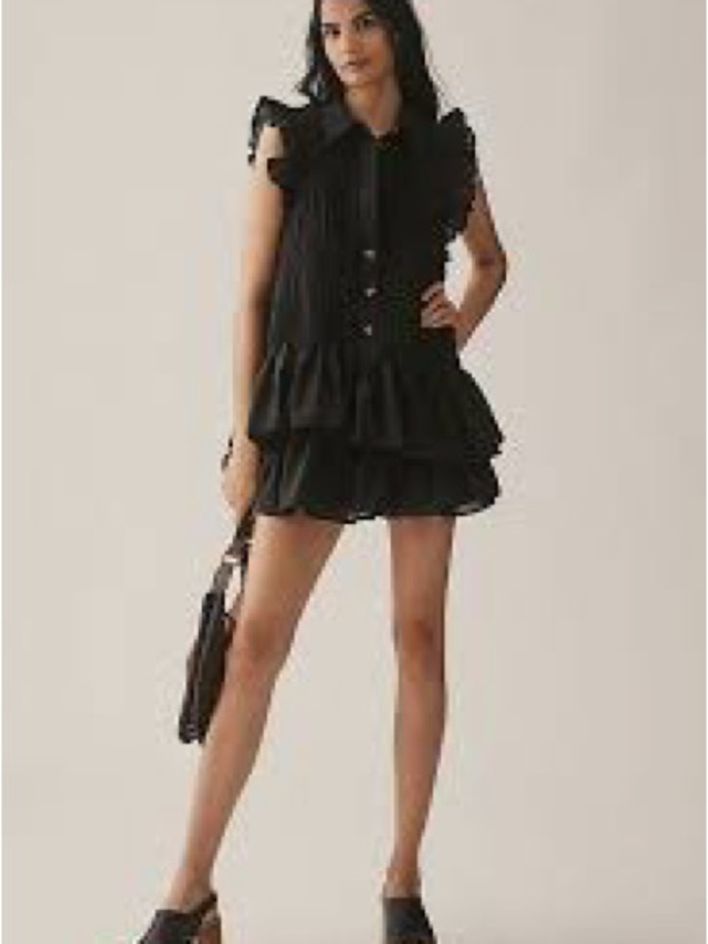 Anthropologie Gathered Ruffle Tiered Mini Shirt Dress Black XL Cotton Boho